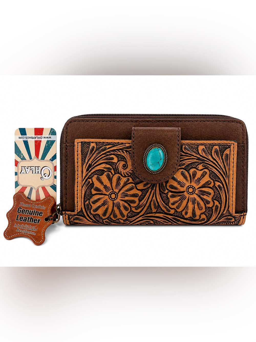 Genuine Leather Tooled Wallet Turquoise Concho OHlay New With Tags